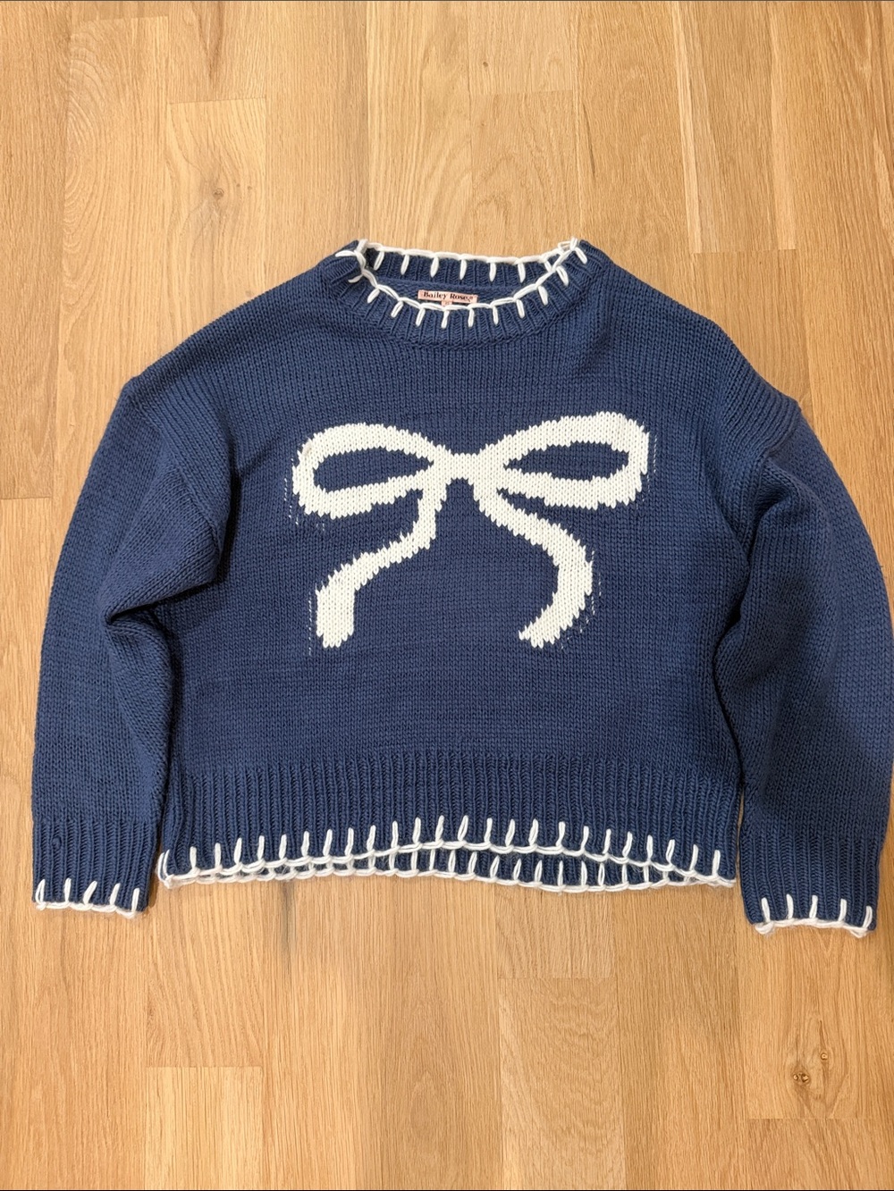 Navy Crewneck Sweater with White Bow Intarsia - Women